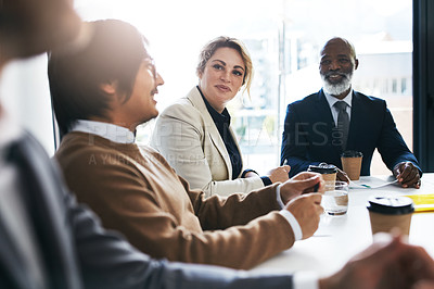 Buy stock photo Planning, data analysis or business people happy with smile in meeting, invest strategy or company finance investment. Collaboration, success or teamwork on data analytics or global financial network