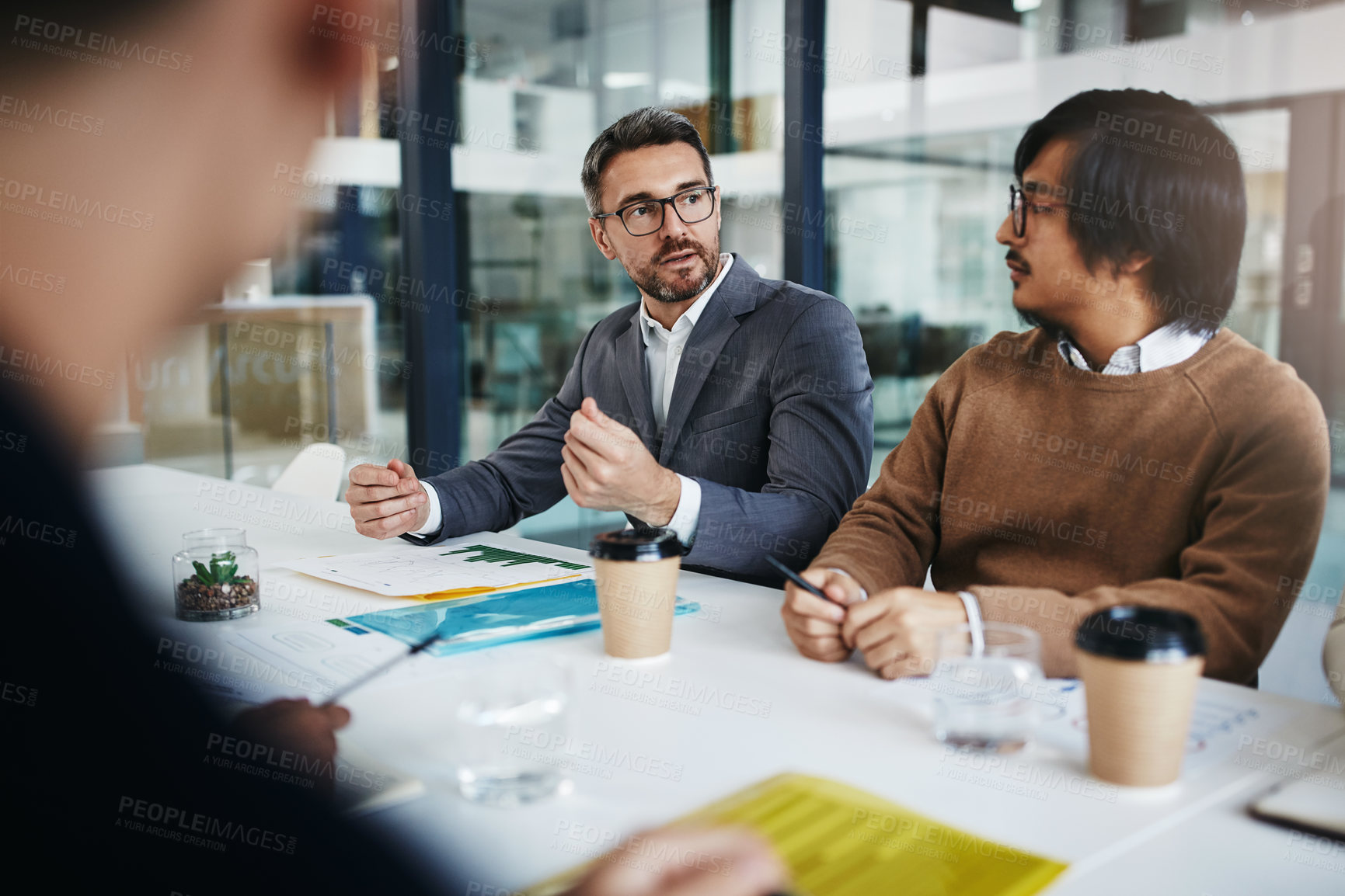 Buy stock photo Discussion, planning and business people in meeting listening to ideas for sales growth in development project. Partnership, collaboration or employees talking, b2b training or speaking of kpi target