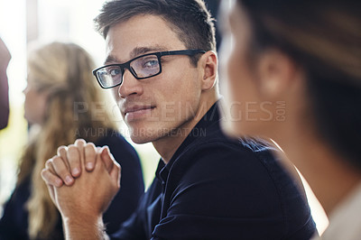 Buy stock photo Startup, portrait and business man in meeting listening to ideas for sales growth in development project. Partnership, collaboration or employees talking, b2b training or speaking of kpi target