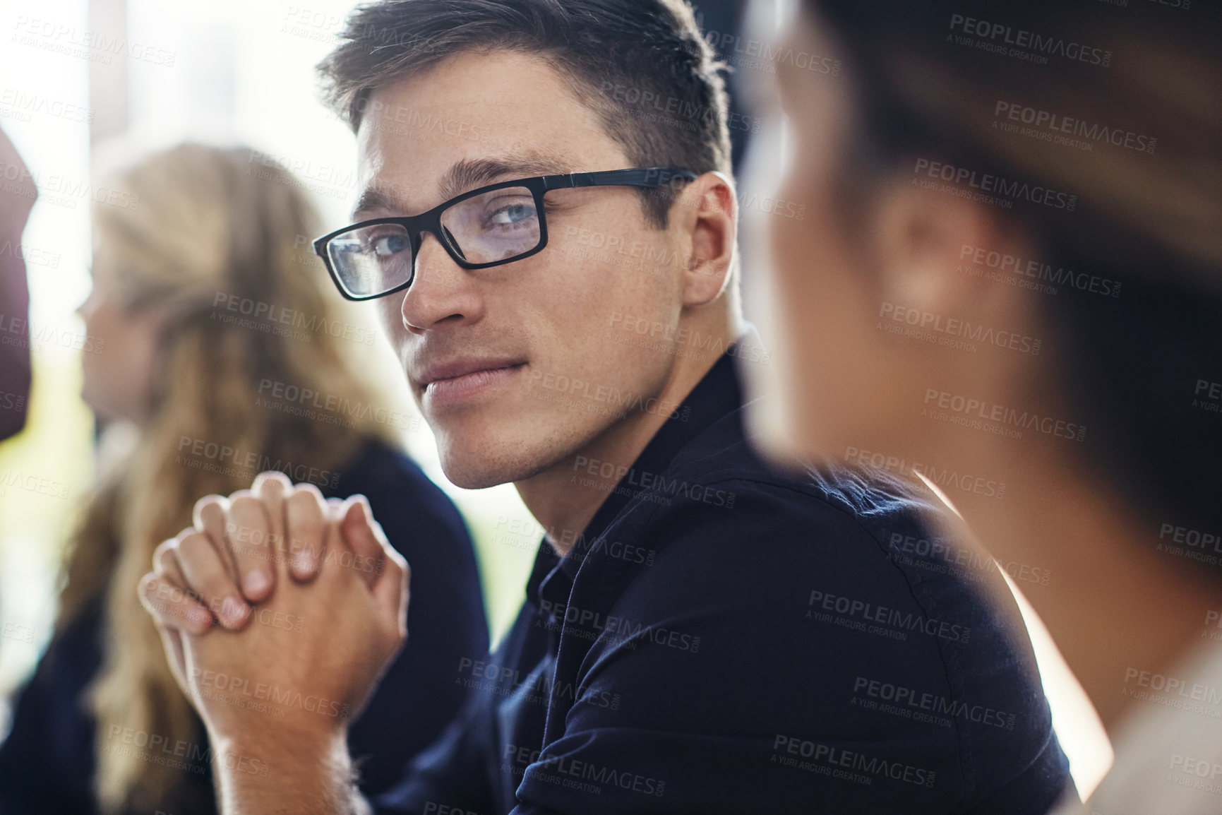 Buy stock photo Startup, portrait and business man in meeting listening to ideas for sales growth in development project. Partnership, collaboration or employees talking, b2b training or speaking of kpi target