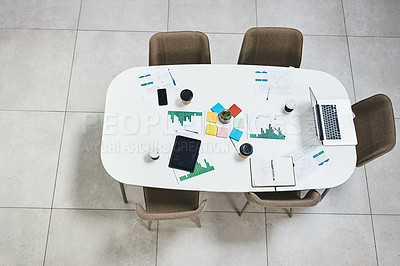 Buy stock photo Empty office, laptop or documents in digital agency space, advertising startup or creative small business. Furniture, top view or paper for research in office building with table, desk and chairs