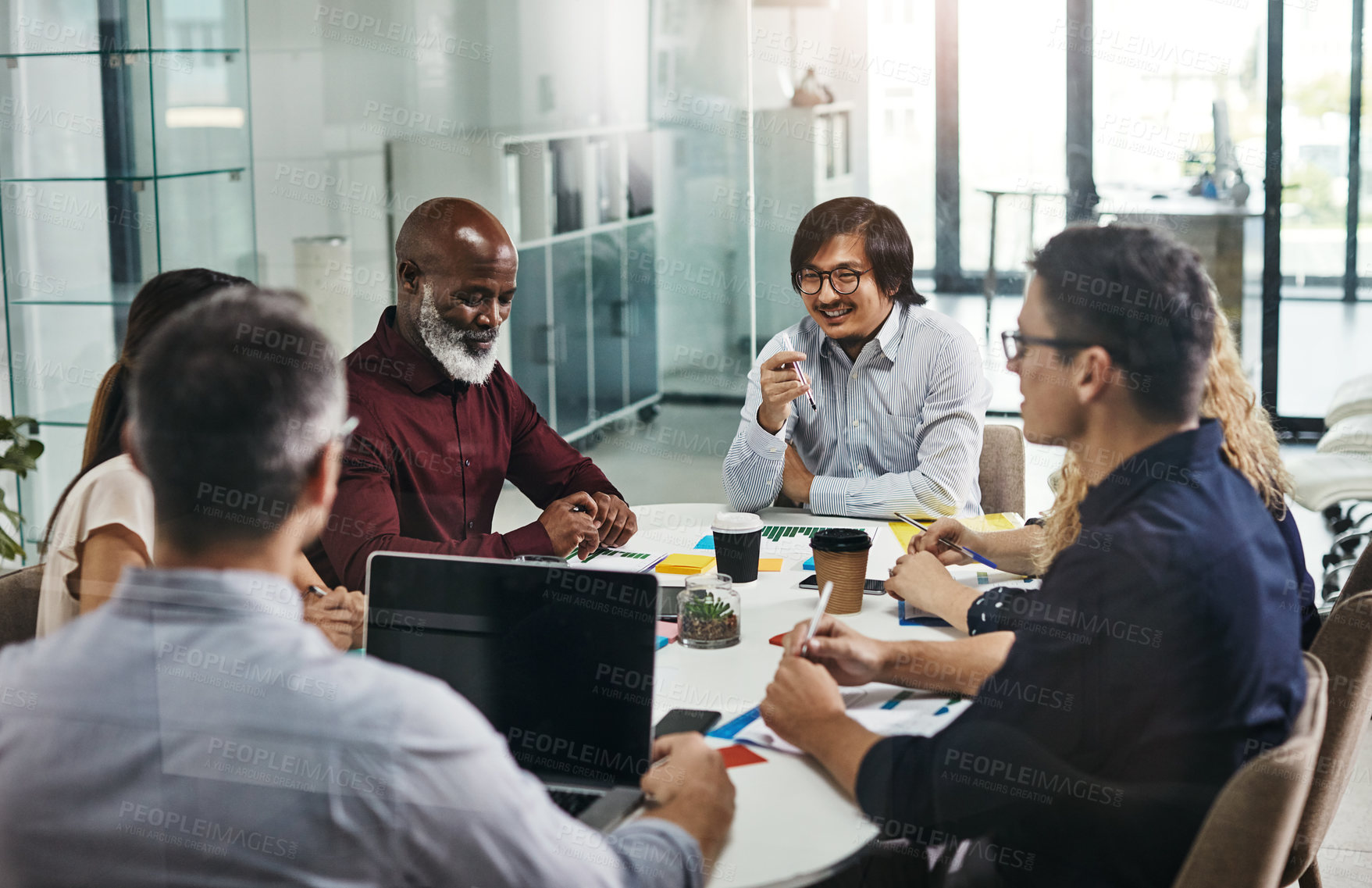 Buy stock photo Meeting, business and team in discussion in the office planning a corporate strategy together. Diversity, teamwork and professional employees working in collaboration on a project in the workplace.