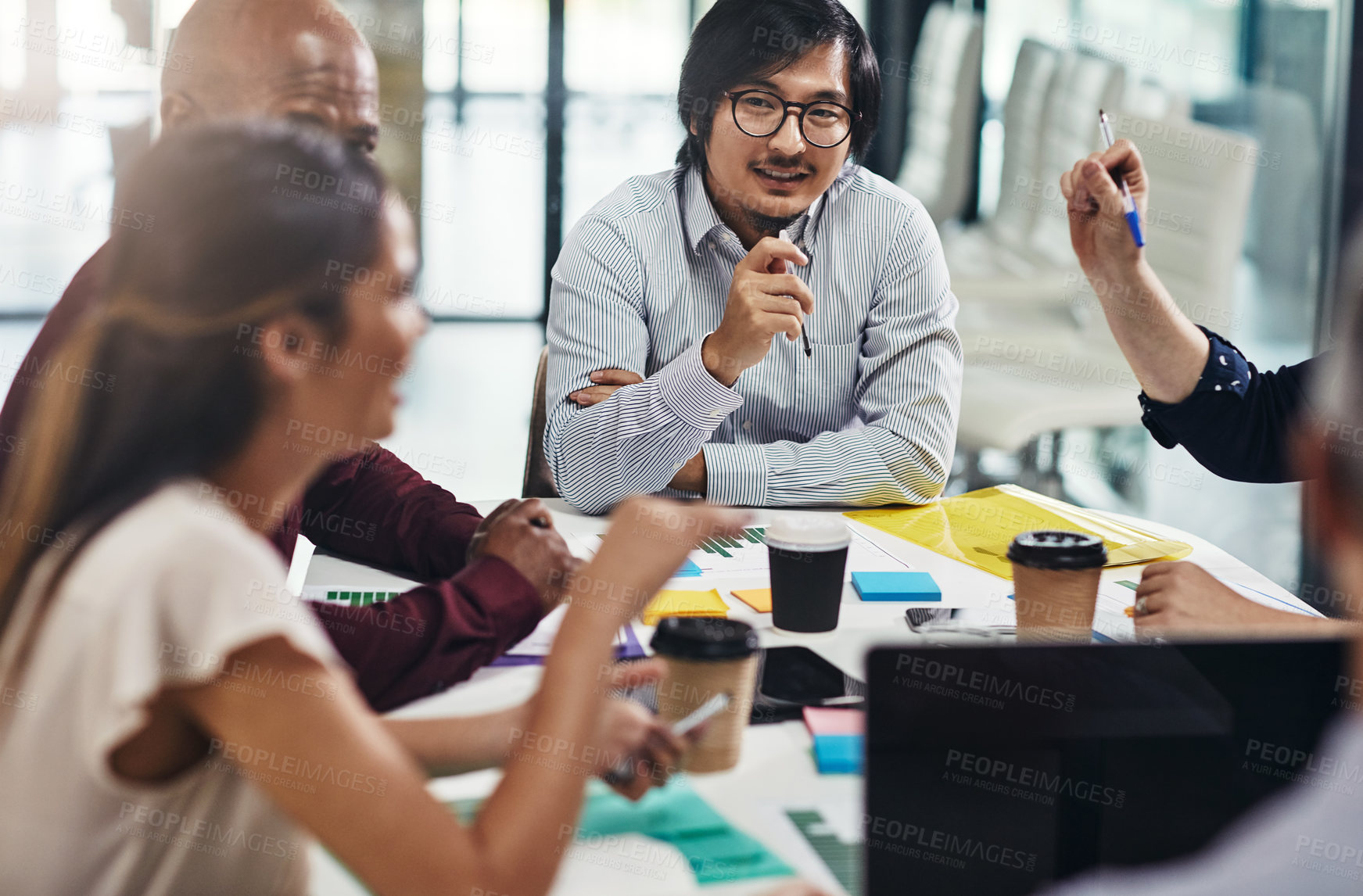 Buy stock photo Meeting, discussion and business people in the office boardroom planning a company project. Teamwork, collaboration and corporate team working on a company report together in the modern workplace.