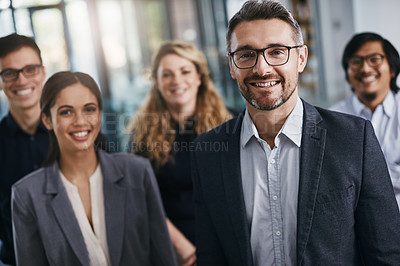 Buy stock photo Business team, group portrait and happy people in a corporate office ready for collaboration. Teamwork, company strategy and smile with lens flare of employee leadership group with happiness