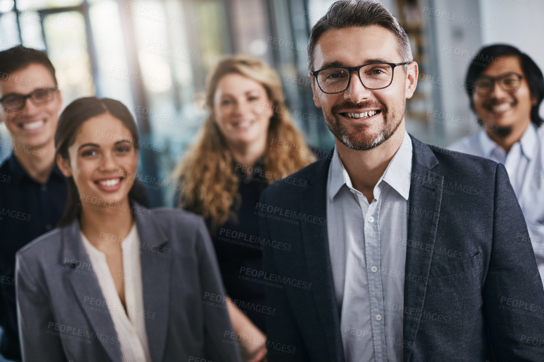 Buy stock photo Business team, group portrait and happy people in a corporate office ready for collaboration. Teamwork, company strategy and smile with lens flare of employee leadership group with happiness