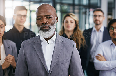 Buy stock photo Black man leader, business people and portrait, senior executive and team, collaboration and diversity in workplace. Corporate, solidarity and support with teamwork, businessman and CEO leadership