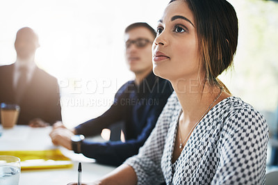 Buy stock photo Face, thinking or business woman for business meeting, invest strategy or planning company finance. Corporate, analytics or teamwork on tax data analysis or global financial network team building