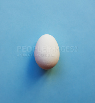 Buy stock photo Studio shot of a white egg placed in the centre against a blue background