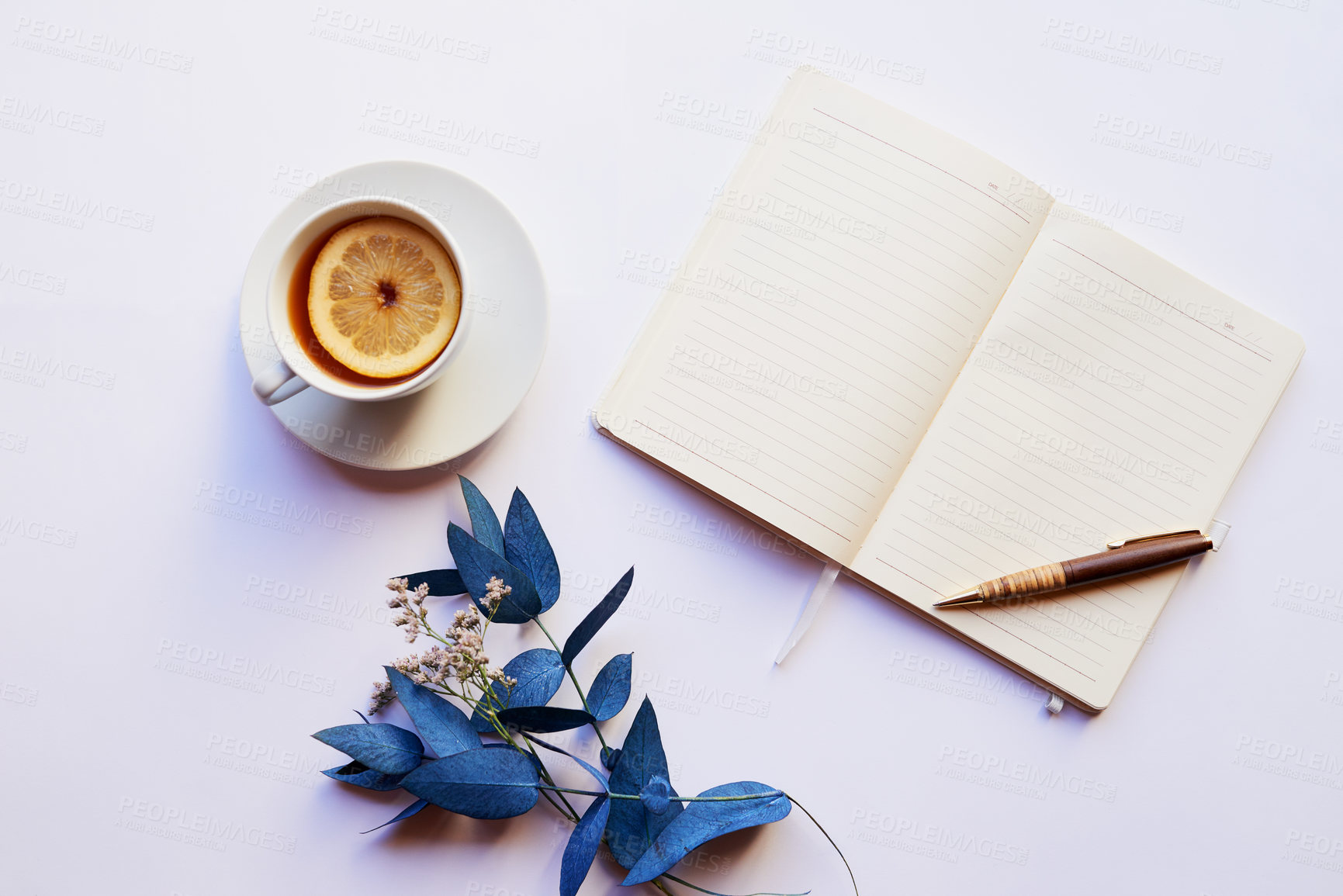 Buy stock photo Studio shot of a diary and pen placed with other still life objects against a grey background