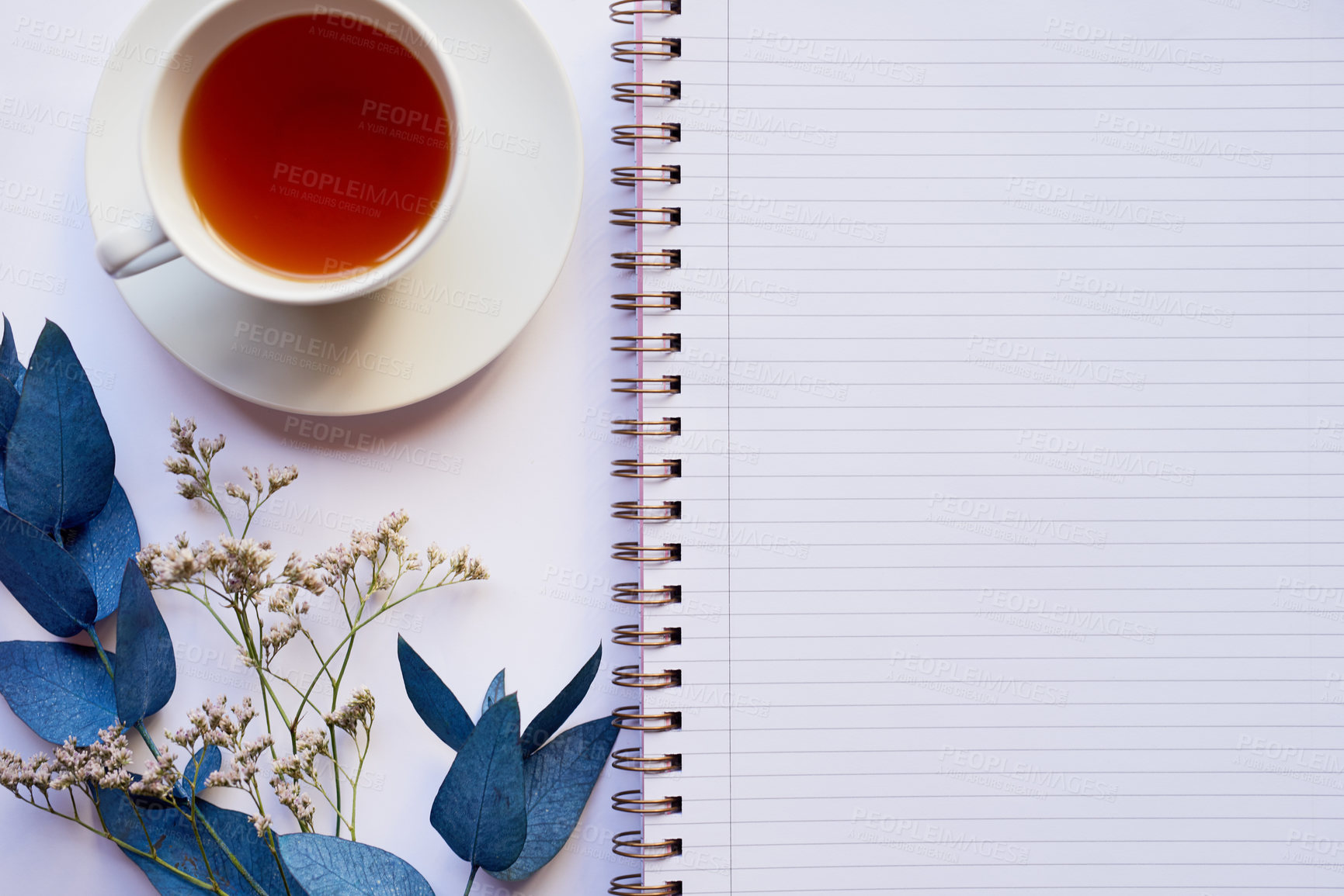 Buy stock photo Top view, notebook and tea for planning on desk, flowers and sustainable paper for gratitude journal. Notepad, blank memo and beverage for inspiration ideas, home office and diary for creativity