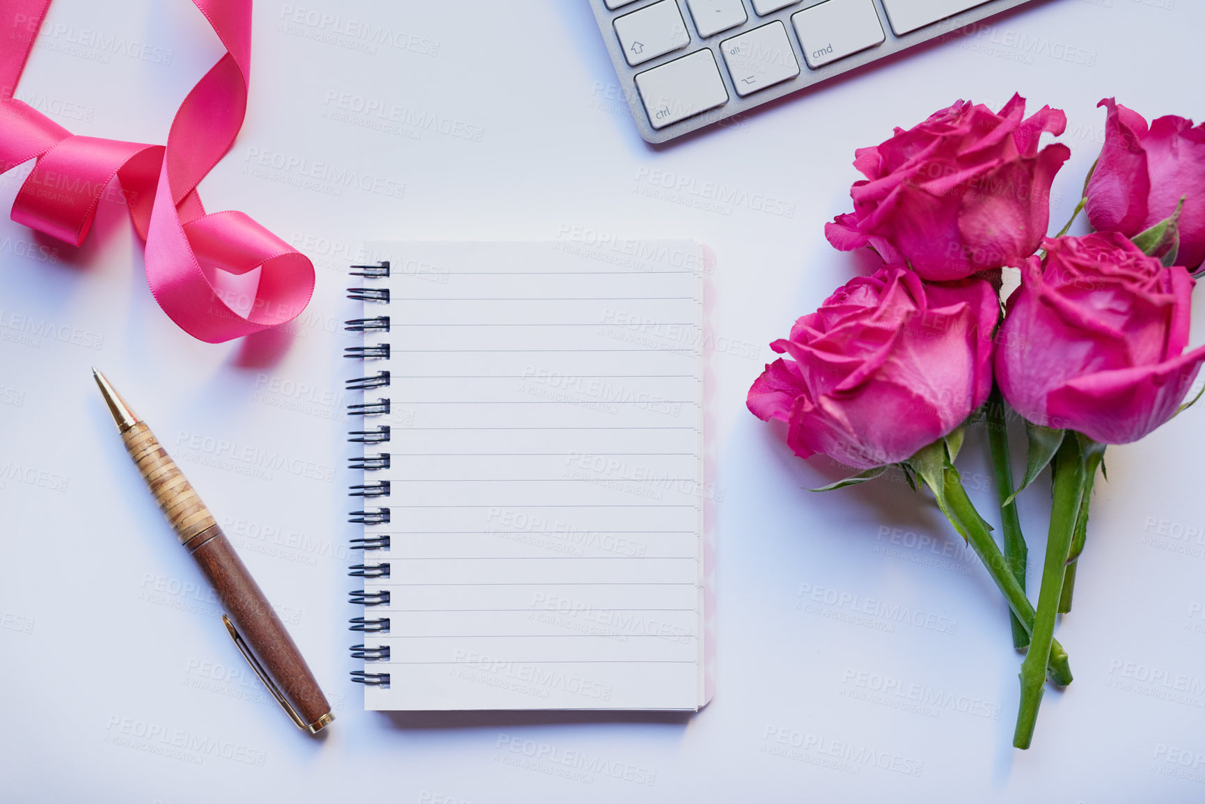 Buy stock photo Top view, notebook and stationery for writing on desk, flowers and sustainable paper for gratitude journal. Notepad, blank memo and rose for inspiration ideas, home office and diary for creativity