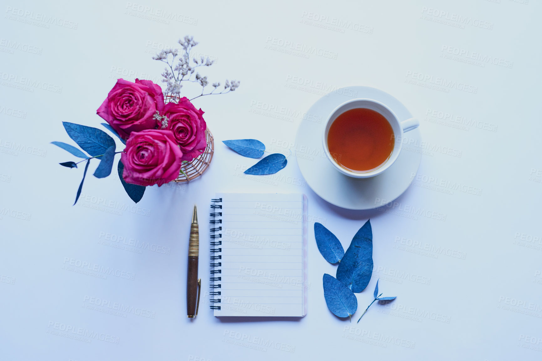 Buy stock photo Above, tea and writing with notebook in studio for diary, vision board and agenda planning. Relax, inspiration and daily affirmations with paper and drink on white background for peace, roses or list