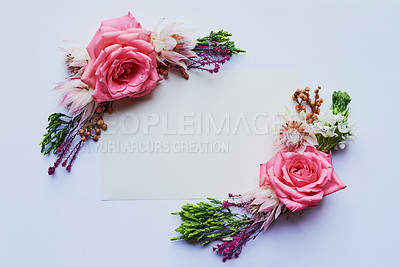 Buy stock photo Roses, bouquet and plant garland with floral and gift for prom or valentines day in studio. Mockup, flowers and above for decoration or present for spring romance or love with white background