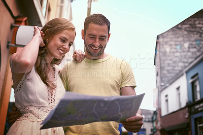 Buy stock photo Travel, man and woman with paper map, smile and location search on holiday adventure or honeymoon. Vacation, guide and happy couple with direction in city for Europe, street and sightseeing together