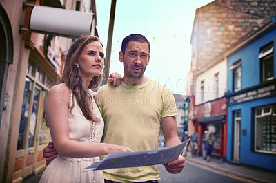 Buy stock photo Confused, man and woman with paper map, smile and location search on holiday adventure or honeymoon. Vacation, guide and couple with direction in city for Europe, street and sightseeing together