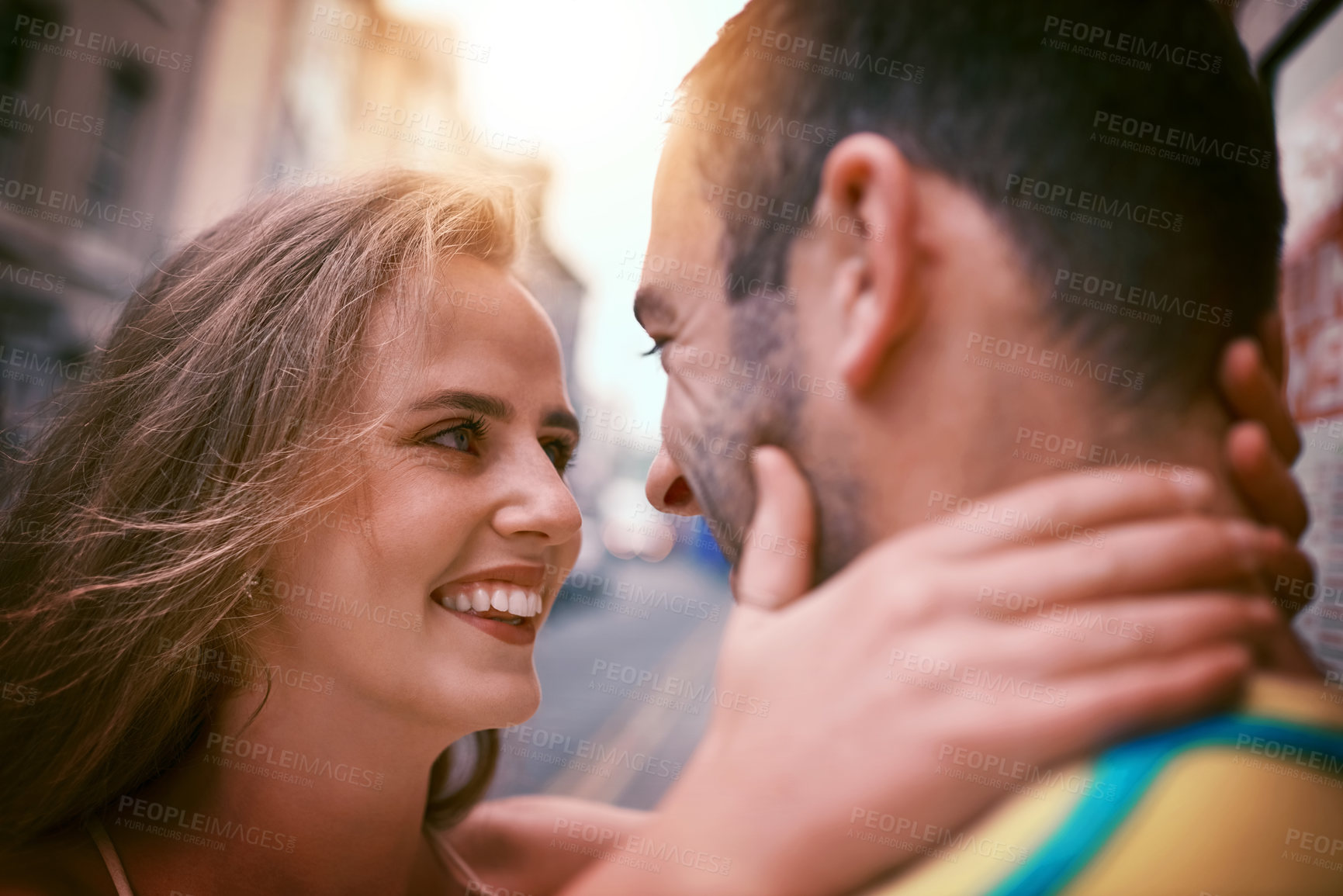 Buy stock photo Travel, man and woman with love, smile and urban journey on holiday, adventure or honeymoon. Vacation, romance and happy couple with embrace in city for Europe, street and sightseeing together