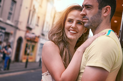 Buy stock photo Travel, man and woman with hug, smile and urban journey on holiday, adventure or honeymoon. Vacation, love and happy couple with romance in city for Europe, street tourism and sightseeing together