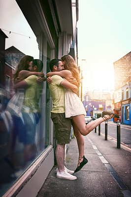 Buy stock photo City, hug and love with couple in sidewalk together for bonding on holiday, travel or vacation. Dating, happy or smile with excited man and woman outdoor in urban town for overseas journey or trip