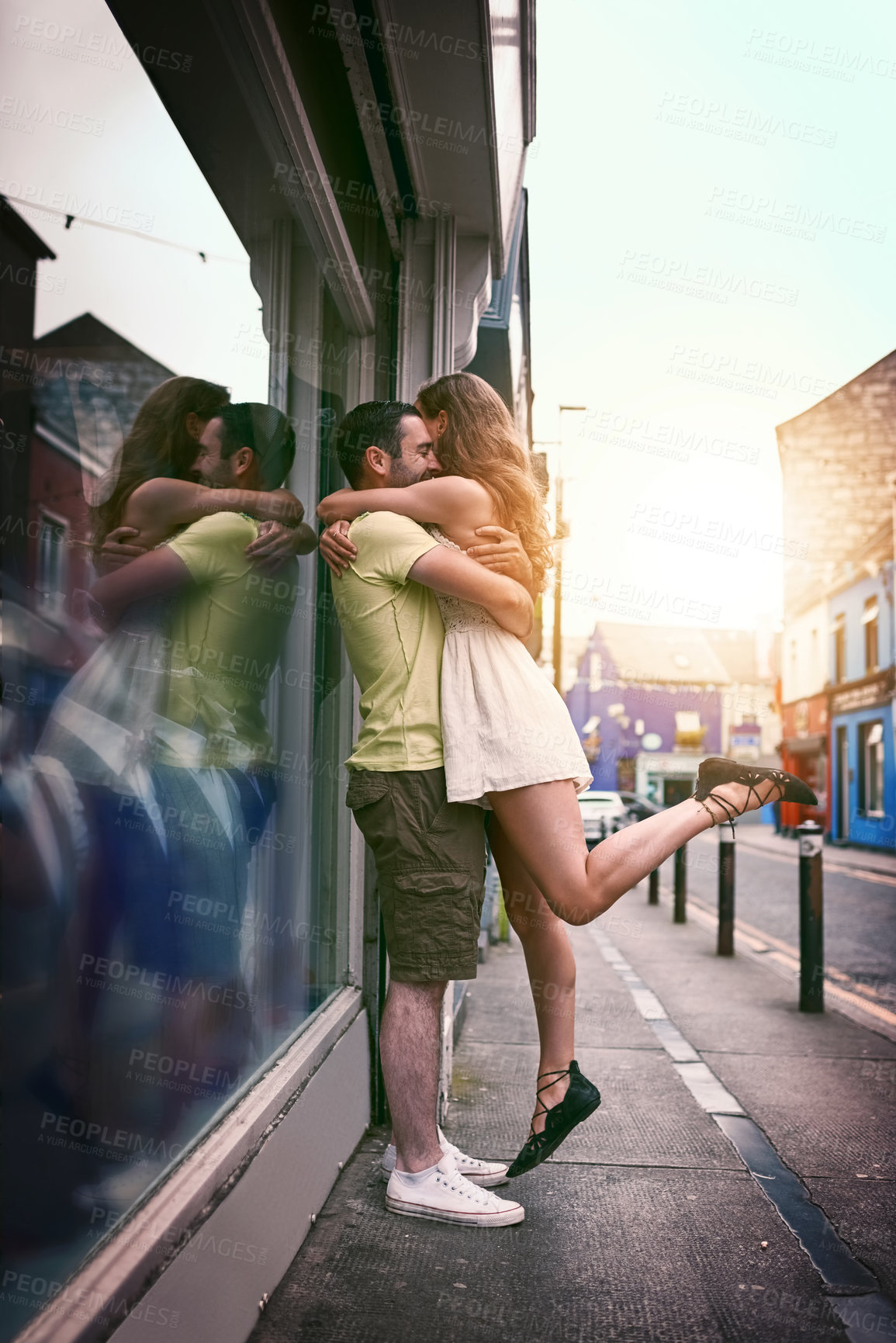 Buy stock photo City, hug and love with couple in sidewalk together for bonding on holiday, travel or vacation. Dating, happy or smile with excited man and woman outdoor in urban town for overseas journey or trip