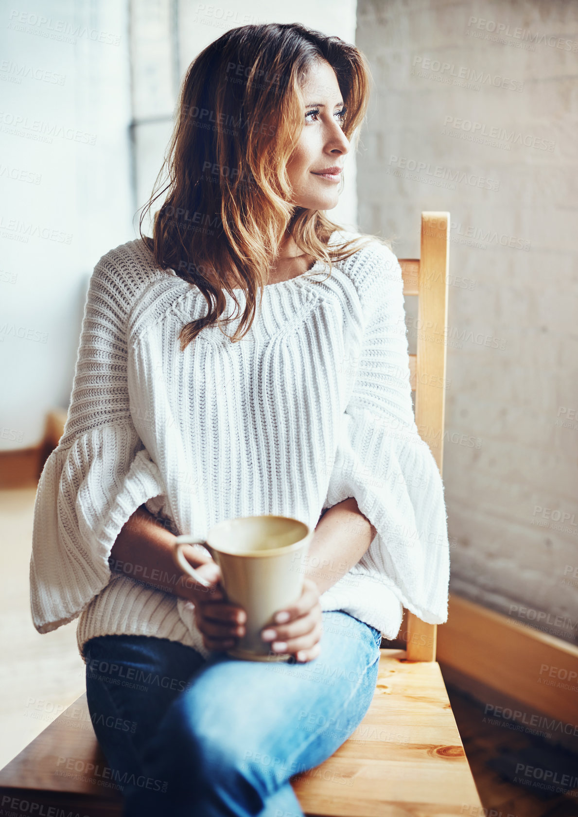 Buy stock photo Thinking, woman and coffee by window in house or apartment for relax, calm and peace on weekend. Female person, planning and hot drink in home with happiness in lounge with stylish and trendy fashion