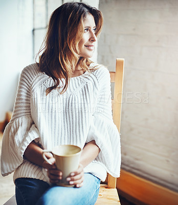 Buy stock photo Happy, relax and woman drinking coffee while daydreaming in her home, calm and quiet on wall background. Tea, contemplation and female enjoying a peaceful morning while sitting looking out a window
