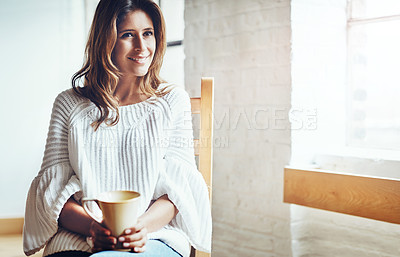 Buy stock photo Coffee, thinking and woman relax at home, happy and content while daydreaming on wall background. Tea, contemplation and female enjoying a quiet morning, calm and peaceful at living room window 