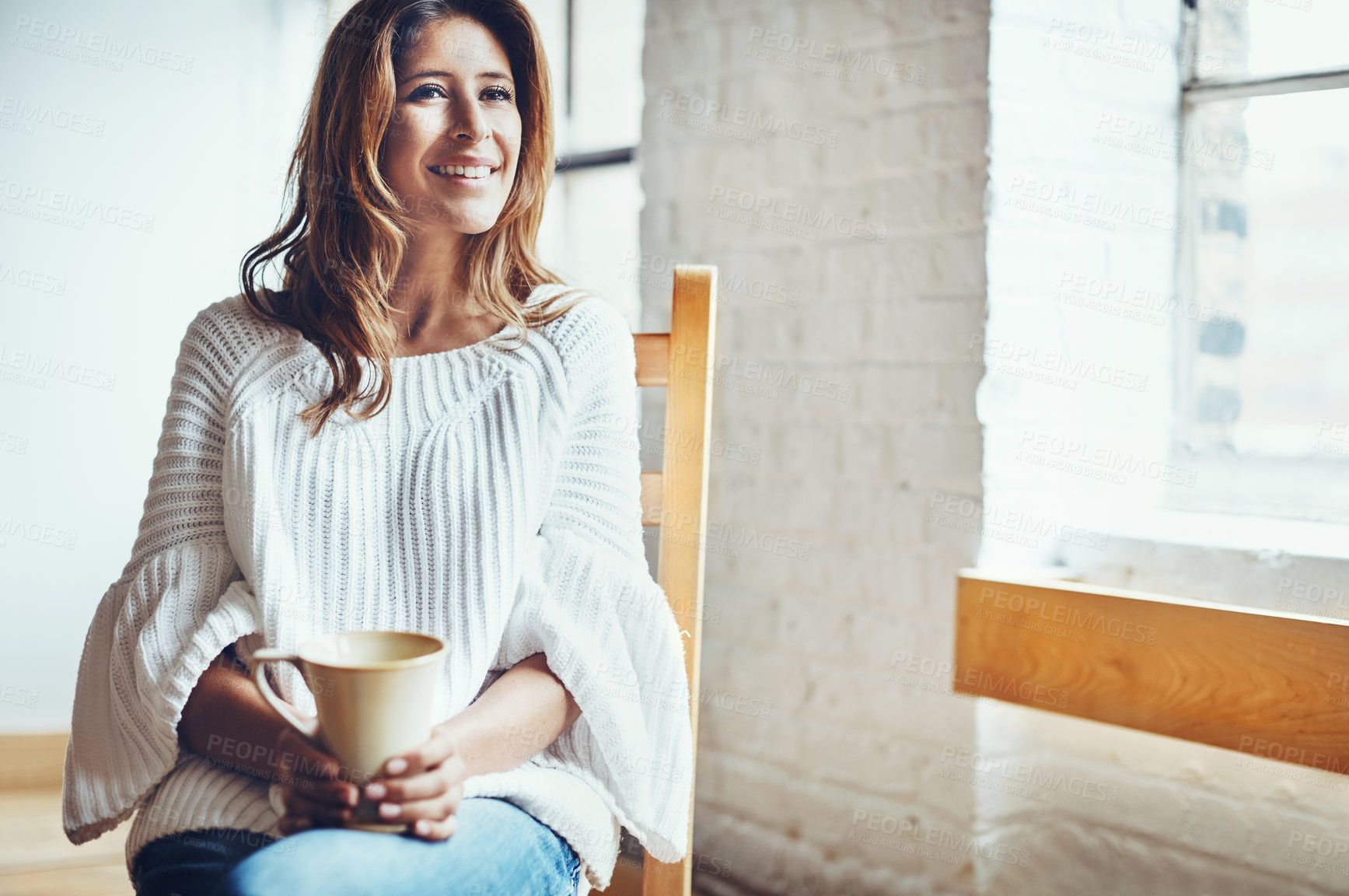 Buy stock photo Thinking, woman and coffee cup with self care in lounge, house or apartment for relax, calm and peace. Female person, hot drink and beverage in home for wellness, ideas and morning routine on weekend