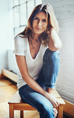 Buy stock photo Smile, woman and portrait relax at house with casual clothing, carefree and morning break for freedom. Female person, peace and mindfulness with rest, trendy denim and calm in living room at home