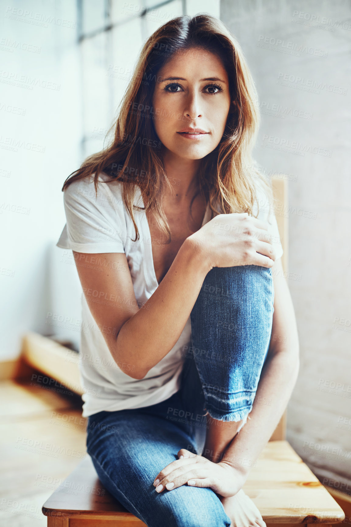 Buy stock photo Serious, woman and portrait relax at house with casual clothing, carefree and morning break for freedom. Female person, peace and mindfulness with rest, trendy denim and calm in living room at home