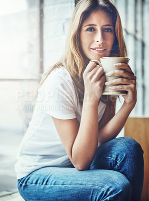 Buy stock photo Coffee, portrait and woman smelling the aroma while relaxing in her home on a weekend morning. Happy, relax and female from Columbia smell the caffeine scent while enjoying a hot drink in her house.