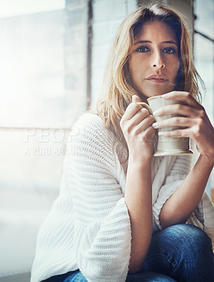 Buy stock photo Coffee, portrait and woman relax in home with delicious cup of caffeine, espresso or cappuccino. Peace, tea and female with mug beverage sitting by window while enjoying quality time alone in house.