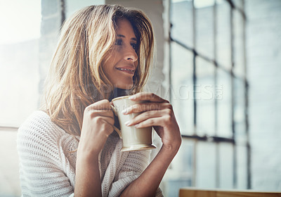 Buy stock photo Coffee, thinking and woman in home relax with delicious cup of caffeine, espresso or cappuccino. Ideas, peace or happy calm female with tea mug while contemplating, focus or lost in thoughts in house