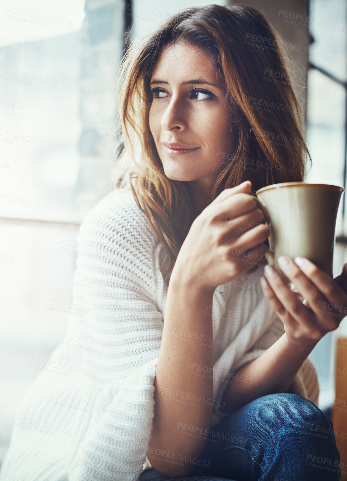 Buy stock photo Coffee, thinking and woman relax in home with delicious cup of caffeine, espresso or cappuccino. Ideas, tea and female holding beverage in mug while contemplating, focus or lost in thoughts in house.