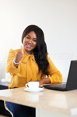 Buy stock photo Thumbs up, laptop and portrait of black woman in office with approval or agreement for online b2b deal. Smile, coffee and African professional female property manager with computer in workplace.