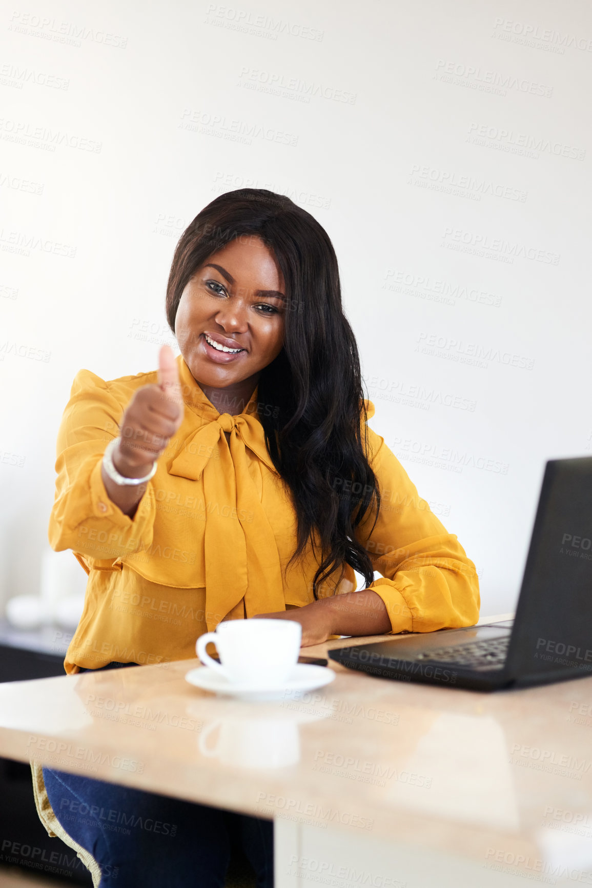 Buy stock photo Thumbs up, laptop and portrait of black woman in office with approval or agreement for online b2b deal. Smile, coffee and African professional female property manager with computer in workplace.