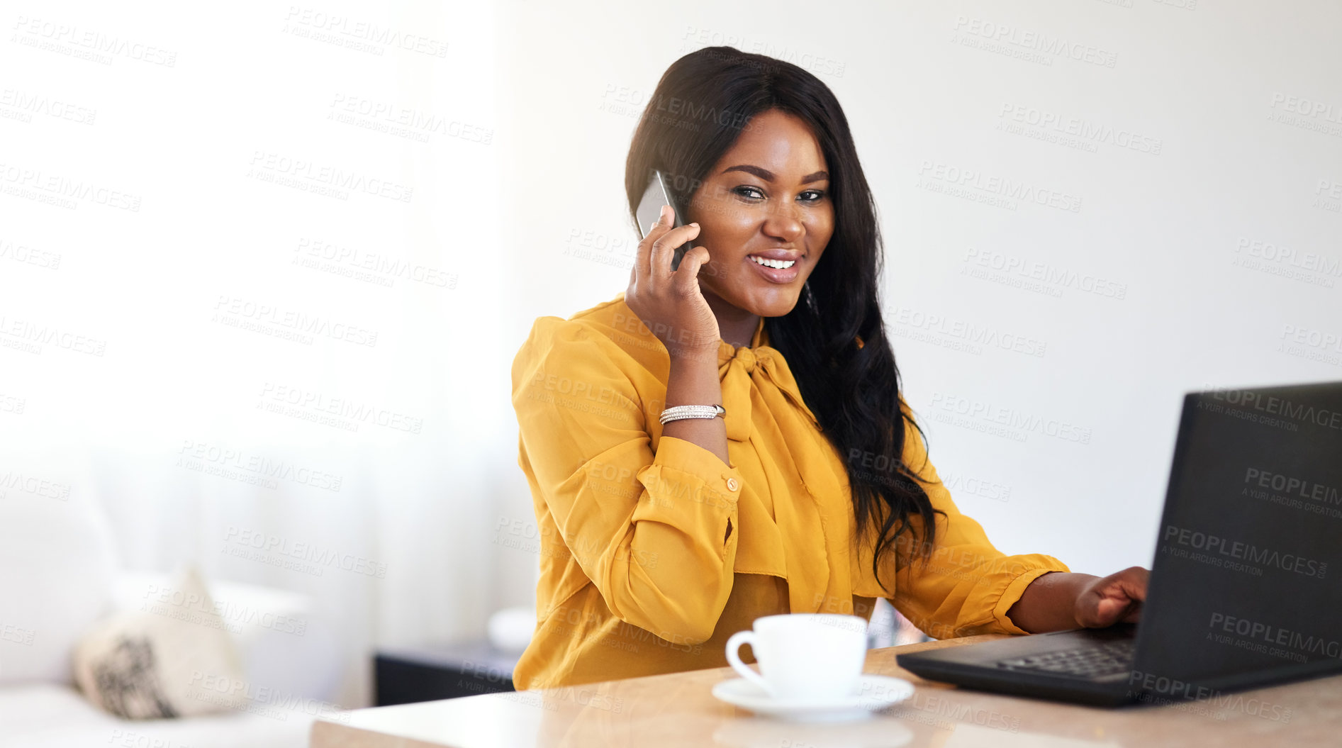 Buy stock photo Home, portrait and laptop of black woman in phone call for discussion, communication and technology to connect. Freelancer, businesswoman and smartphone for talking with clients, computer or mockup