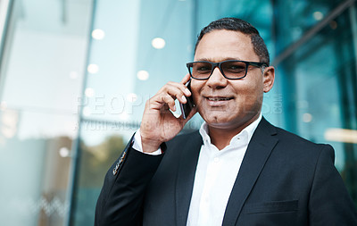 Buy stock photo Portrait, businessman and phone call, city and building of company, corporate and Egyptian person. Executive, employee and happiness for deal or project, mobile and communication, suit and talking