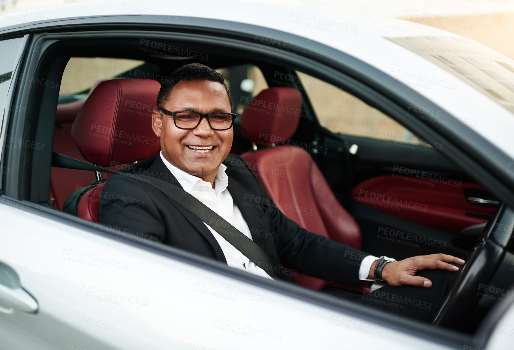 Buy stock photo Portrait, mature man and happy with driving car as business person to test drive, experience and comfort. Vehicle, dealership and smile or satisfied with choice, features and safety as present