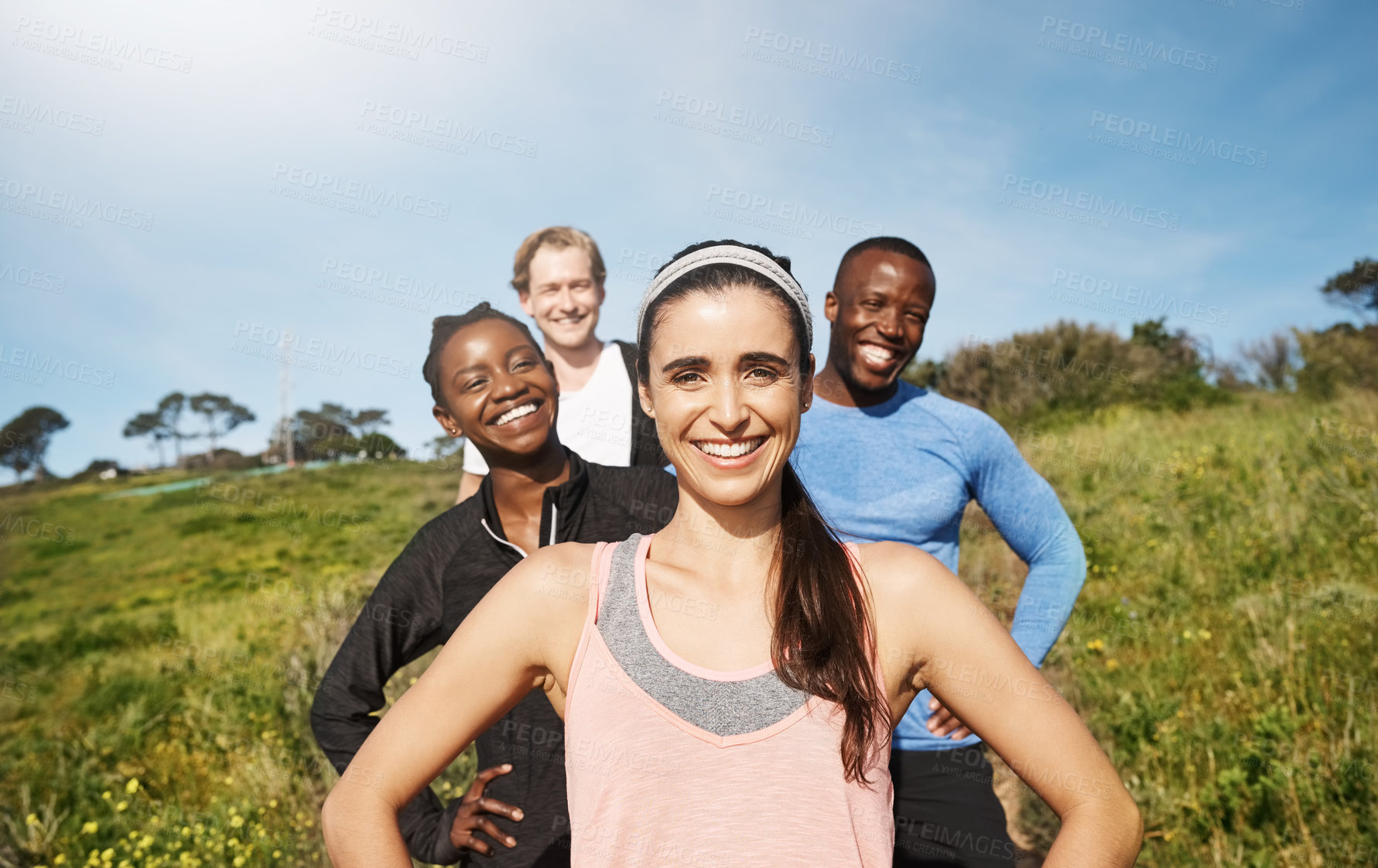 Buy stock photo People, portrait and together with happiness on mountain or hill for support, diversity or exercise. Group, freedom and excited in workout, health club or sport team for outdoor adventure or training