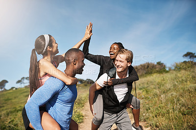 Buy stock photo High five, fitness or couple of friends outdoor to celebrate workout goal, success or win. Piggyback, excited group or people together with hands for sports achievement, body health or team in nature