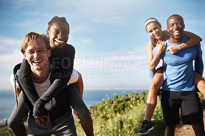 Buy stock photo Portrait, couple and piggyback for hiking outdoor with fitness challenge, mountain travel and trekking journey. Smile, diversity and people walk for exercise, blue sky and bonding adventure of health