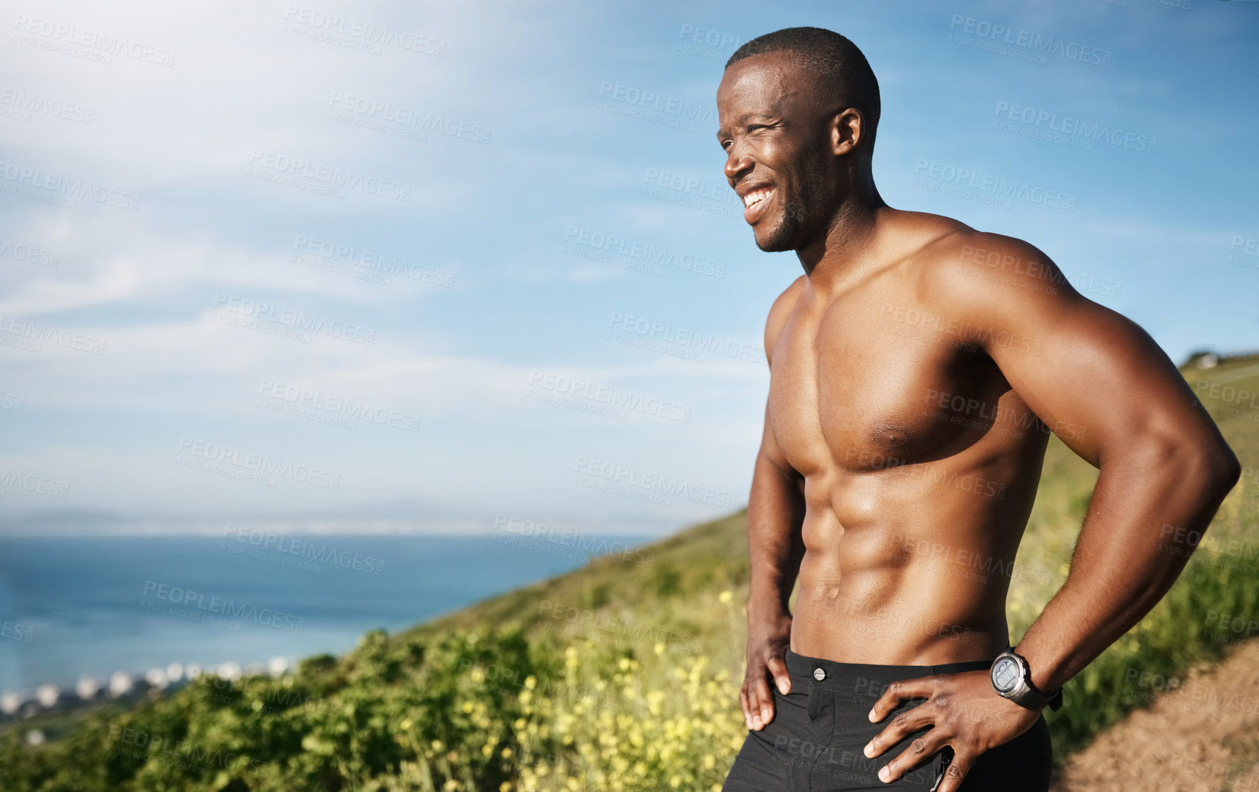 Buy stock photo Black man, fitness and hiking with run in nature for workout, exercise or outdoor training. Young African, muscular or male person with smile or blue sky for cardio, trekking or health and wellness