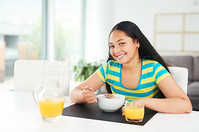 Buy stock photo Portrait, happy girl and teenager in home with cereal, juice and excited for healthy diet in morning. Nutrition, growth and development, hungry child at table for breakfast and drink for start to day