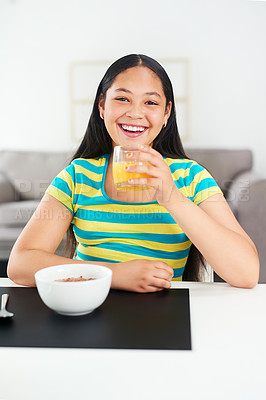 Buy stock photo Portrait, happy girl and kid in home with breakfast, juice and excited for healthy diet in morning. Nutrition, growth and development, hungry child at table with cereal and drink for start to day.