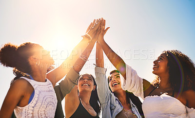 Buy stock photo High five, hands and women outdoors for solidarity, trust and goal collaboration. People, commitment and friends with hand in support of success, celebration and partnership deal, unity and excited
