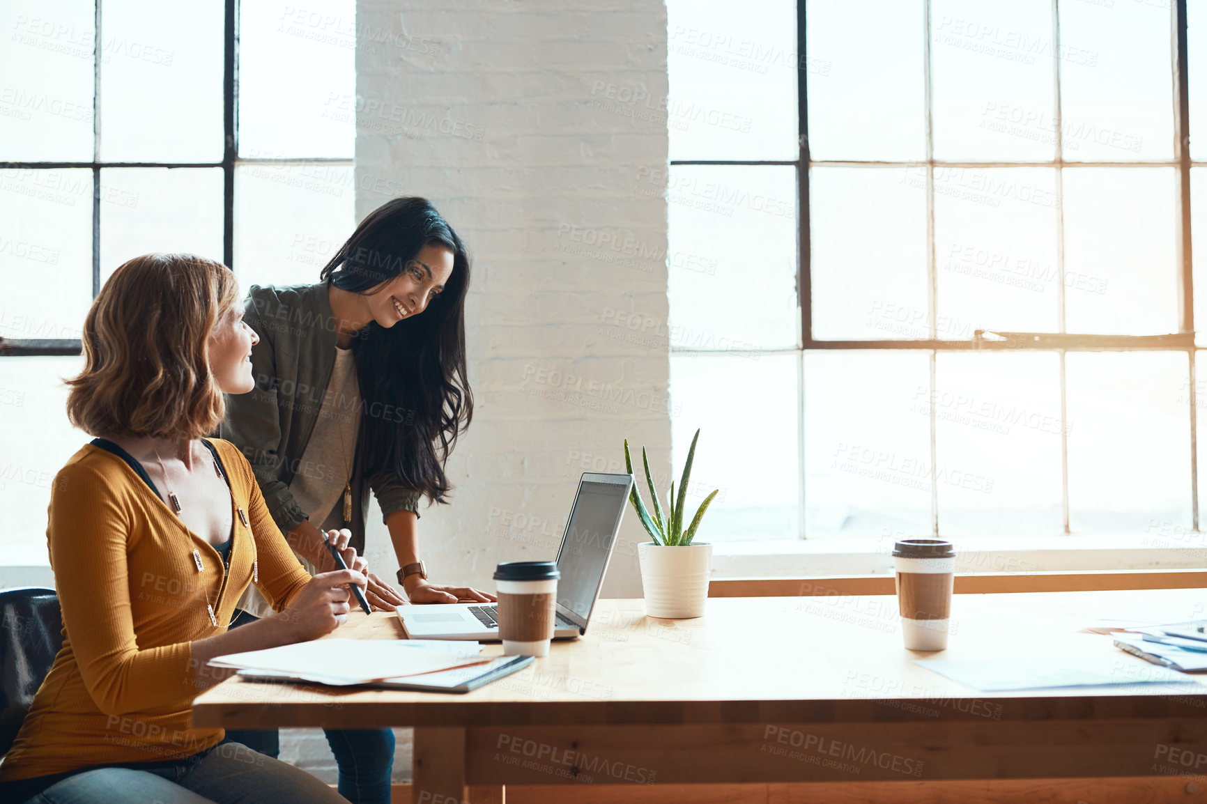 Buy stock photo Cropped shot of two young businesswomen working on a laptop together in their modern office