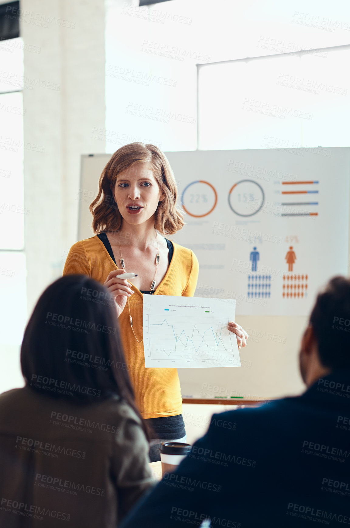 Buy stock photo Team, presentation and business people in meeting at office with demographic statistics. Board, paperwork and female speaker with employees for population charts at training workshop in workplace.