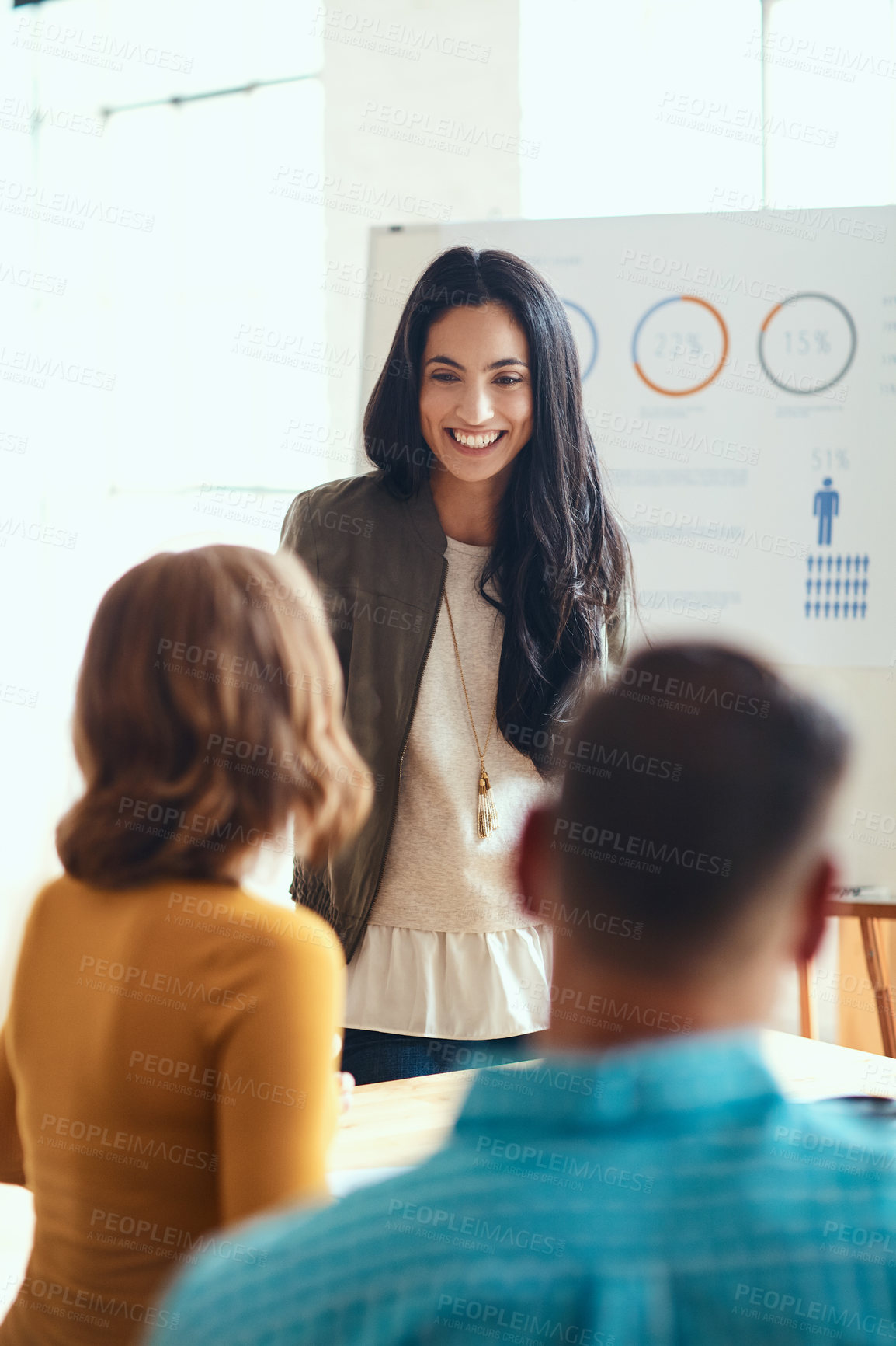 Buy stock photo Partnership, presentation and business people in meeting at office with demographic statistics. Board, paperwork and female speaker with team for population charts at training workshop in workplace.