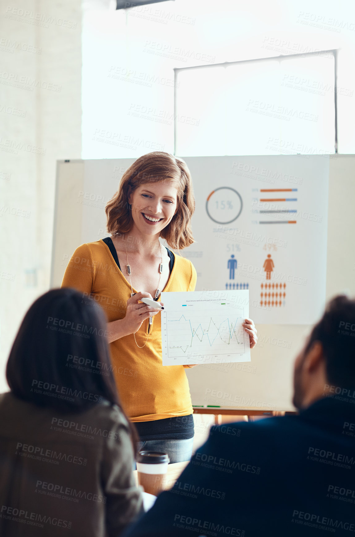 Buy stock photo Paperwork, presentation and business people in meeting at office with demographic statistics. Board, documents and female speaker with team for population charts at training workshop in workplace.