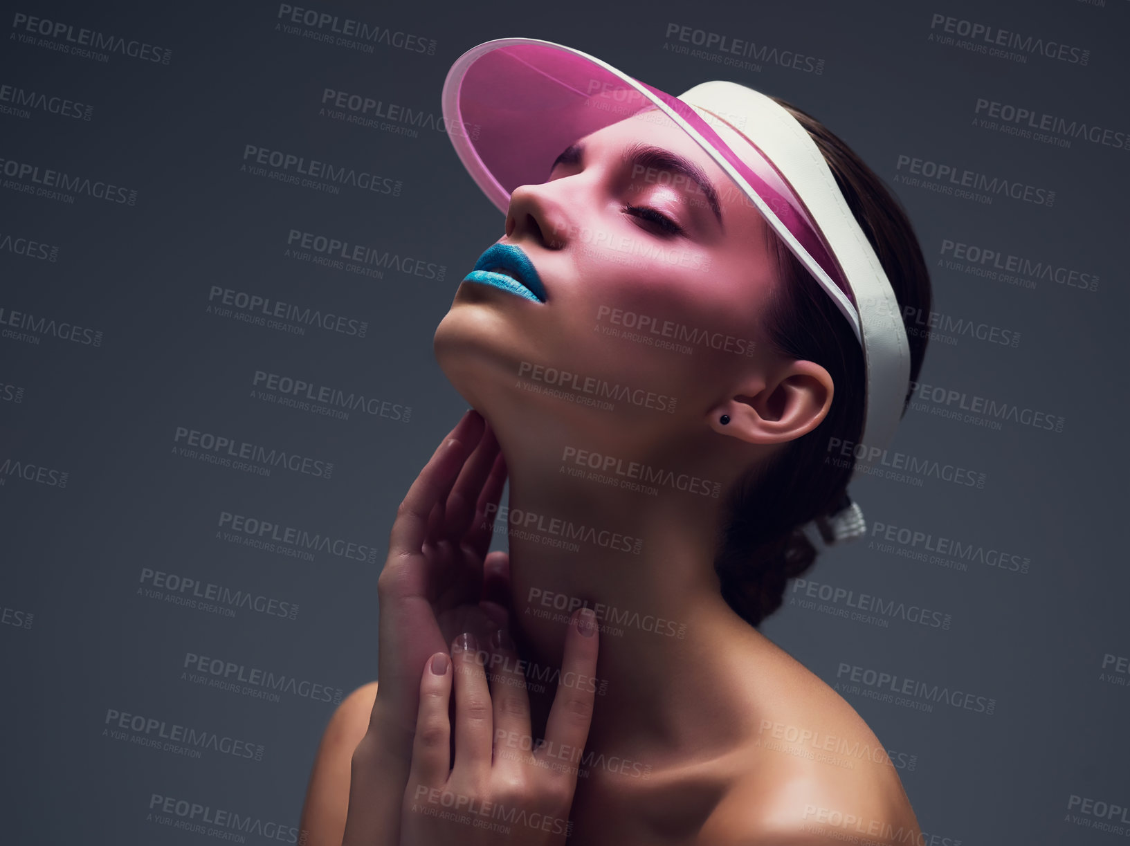 Buy stock photo Woman, studio and eyes closed for beauty with makeup, lipstick and cap on grey background. Female person, girl and isolated for confidence in skincare, self love and cosmetics for glow or aesthetics